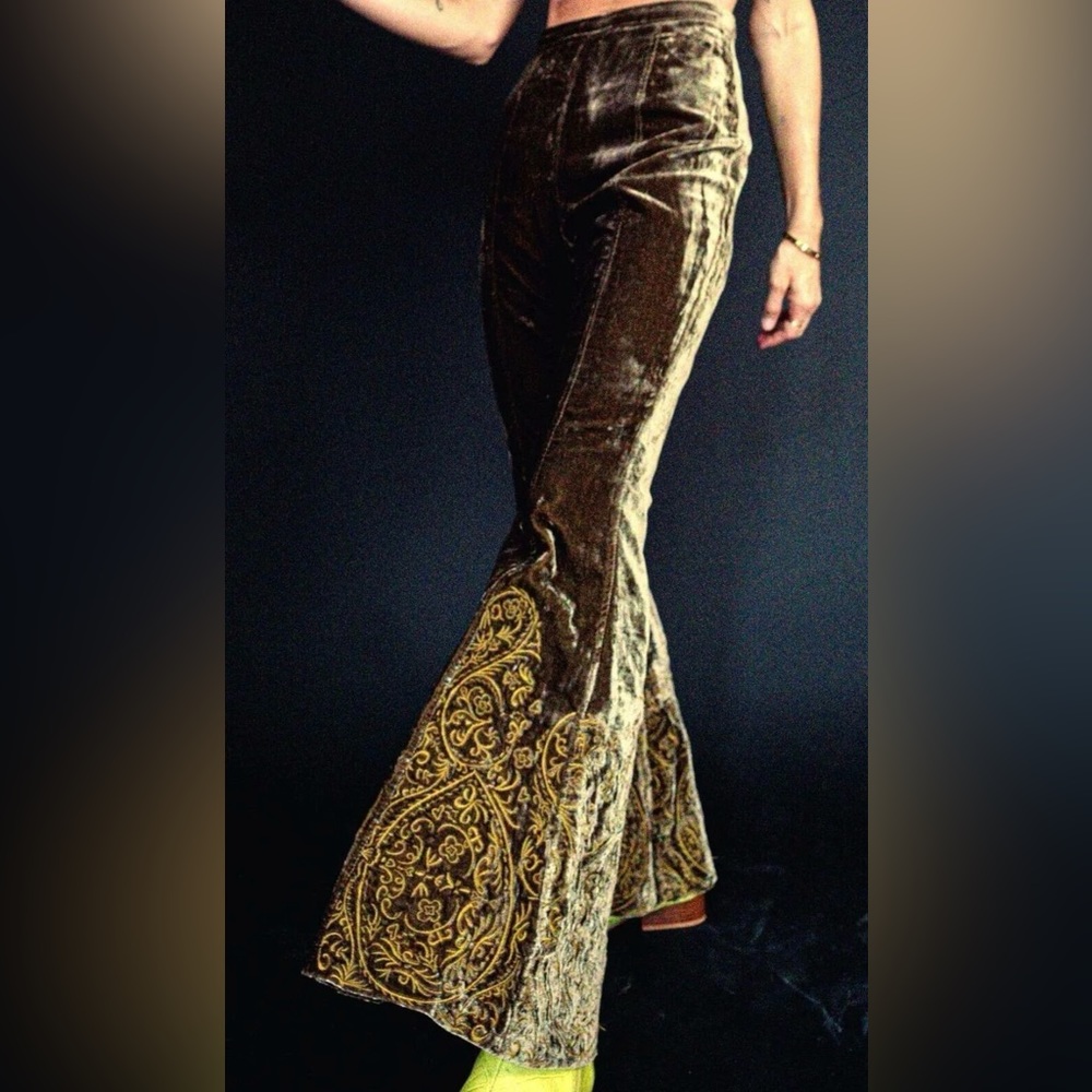 Understated Leather Embroidered Velvet Bell Bottoms